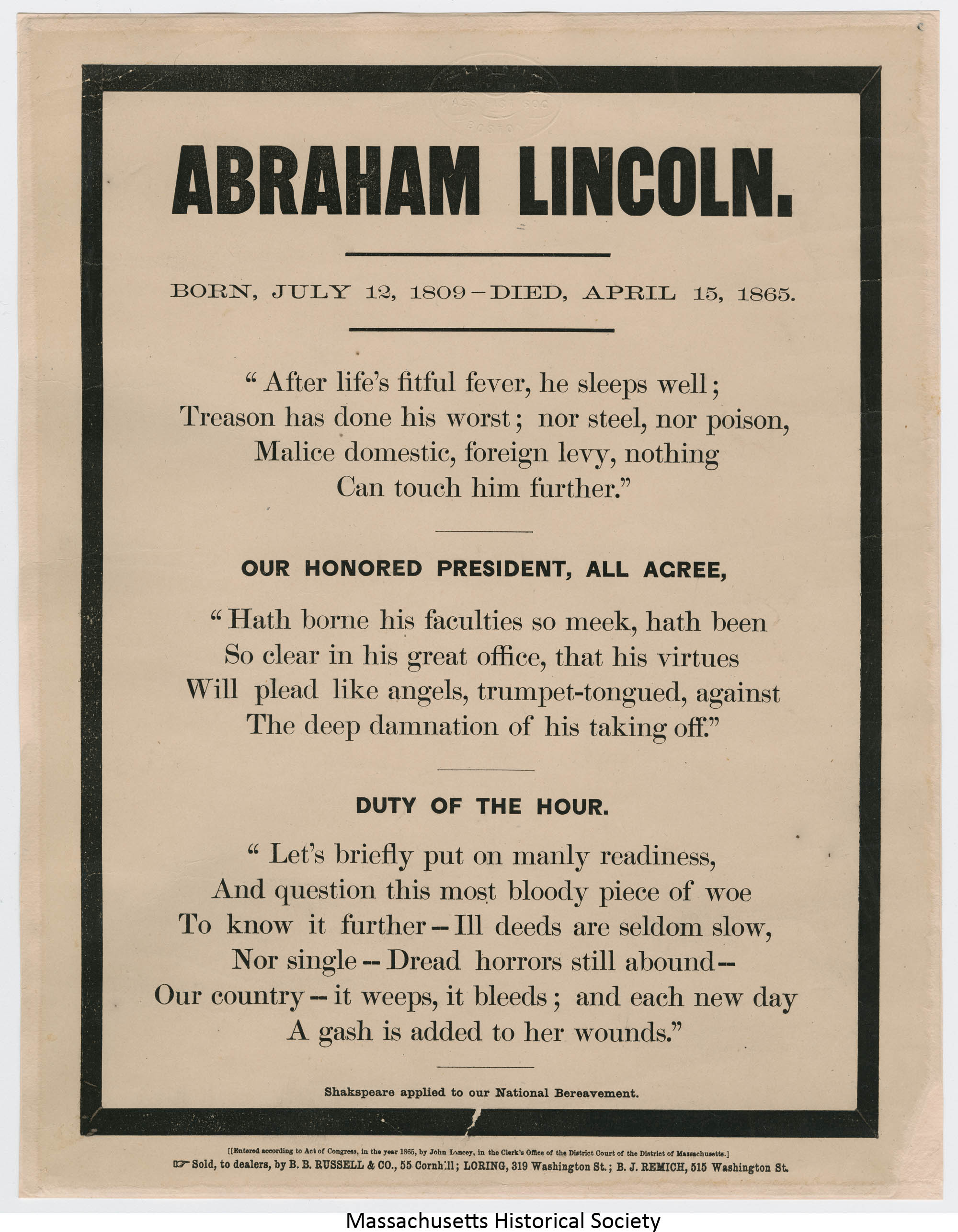 Abraham Lincoln Born, July 12 [sic], 1809--Died, April 15, 1865 ...